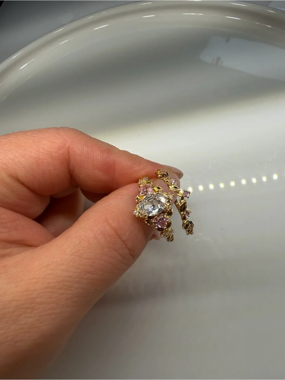Romantic Pink CZ Gold Leaf Bridal Ring Set Cottagecore Fairycore